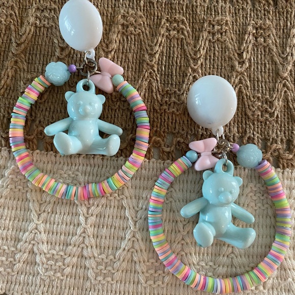 Teddy bear charm XL hoop loop rubber gender reveal shower earrings baby shower - Picture 1 of 3